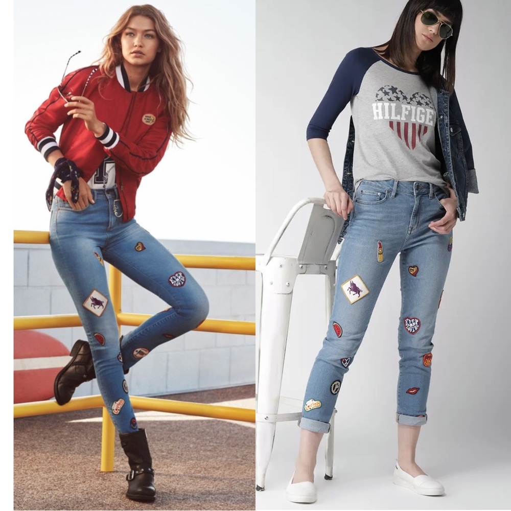 GIGI HADID X TOMMY HILFIGER High Rise Denim 60s Embroidered Patch Skinny Jean 26 - Picture 3 of 13